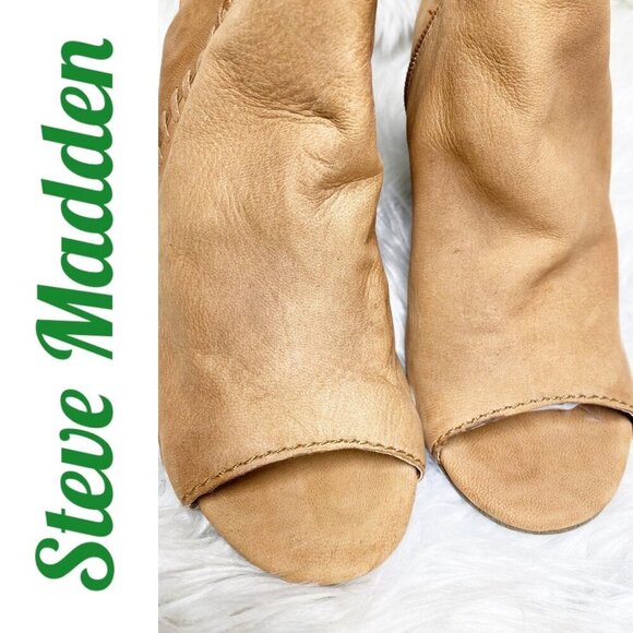 STEVE MADDEN MINGLE TAN LEATHER OPEN TOE OPEN HEEL BLOCK HEEL BOOTIE, SIZE 8 - Picture 3 of 13